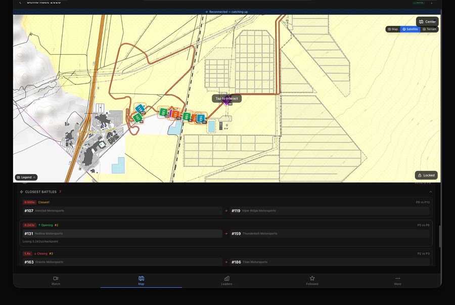 Fan view showing live course map with closest battle cards tracking real-time position fights