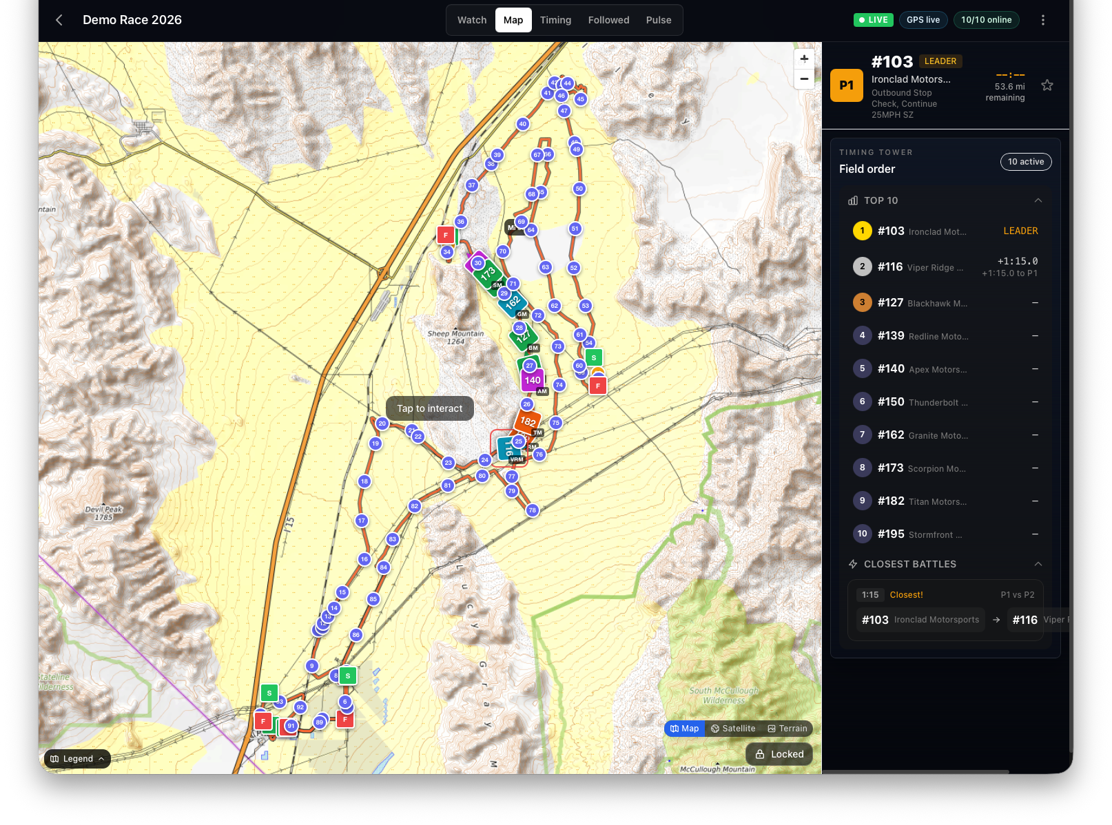 Live course map with satellite view, GPX overlay, and leaderboard